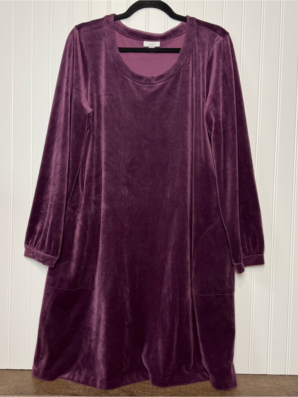 Pure Jill by J Jill Purple Velour Velvet A Line Dress Large Long Sleeve Pockets